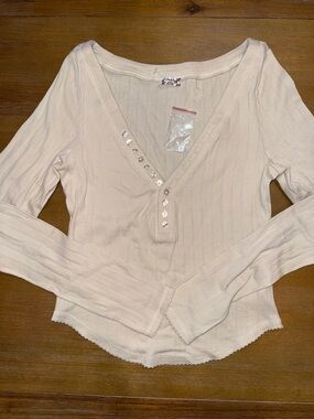 Intimately Free People Ribbed V-Neck Long Sleeve Top - Cream